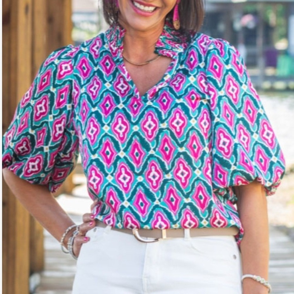THML Pink Teal Ikat Print Smocked split Neck Puff Sleeve Blouse Small
